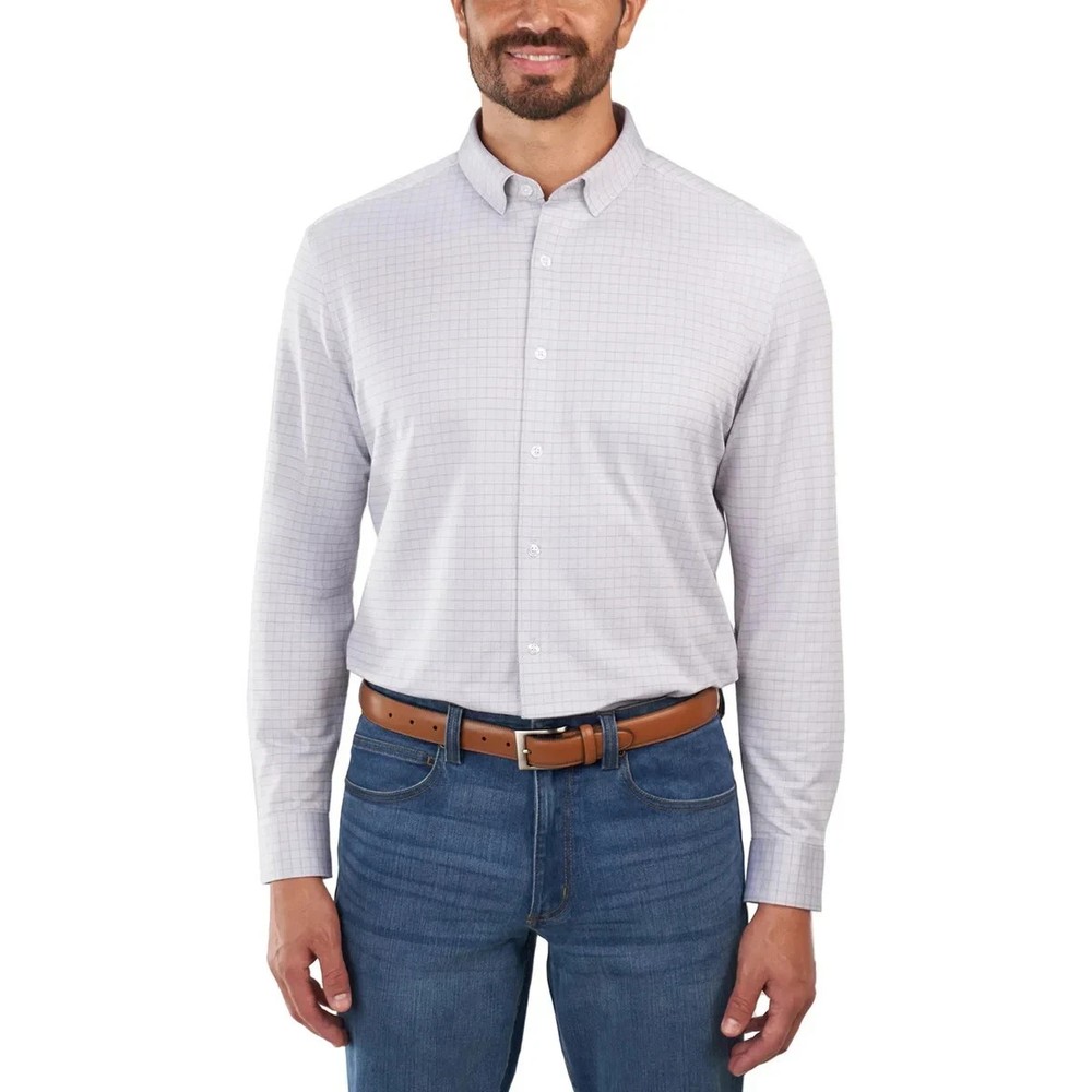 Kirkland Men's Modern Fit Knit Button Up Dress Shirt, Gray, XL (17-18, 36/37)