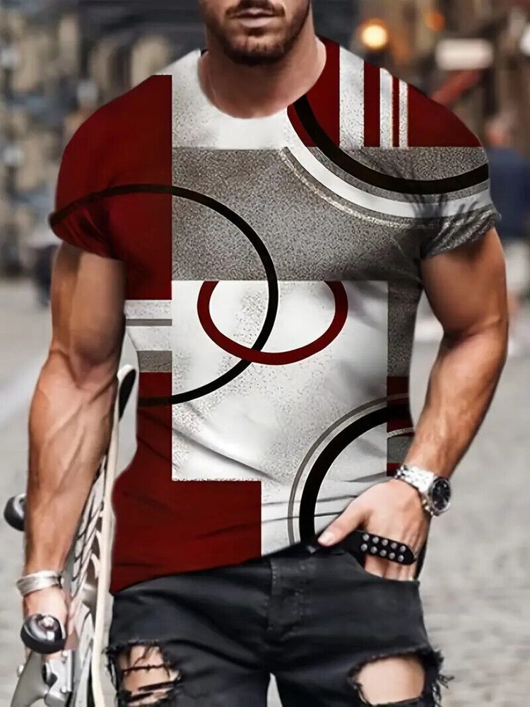 Camiseta Geometría abstracta Novedad Rojo Blanco Gris Gráfico manga corta sedoso