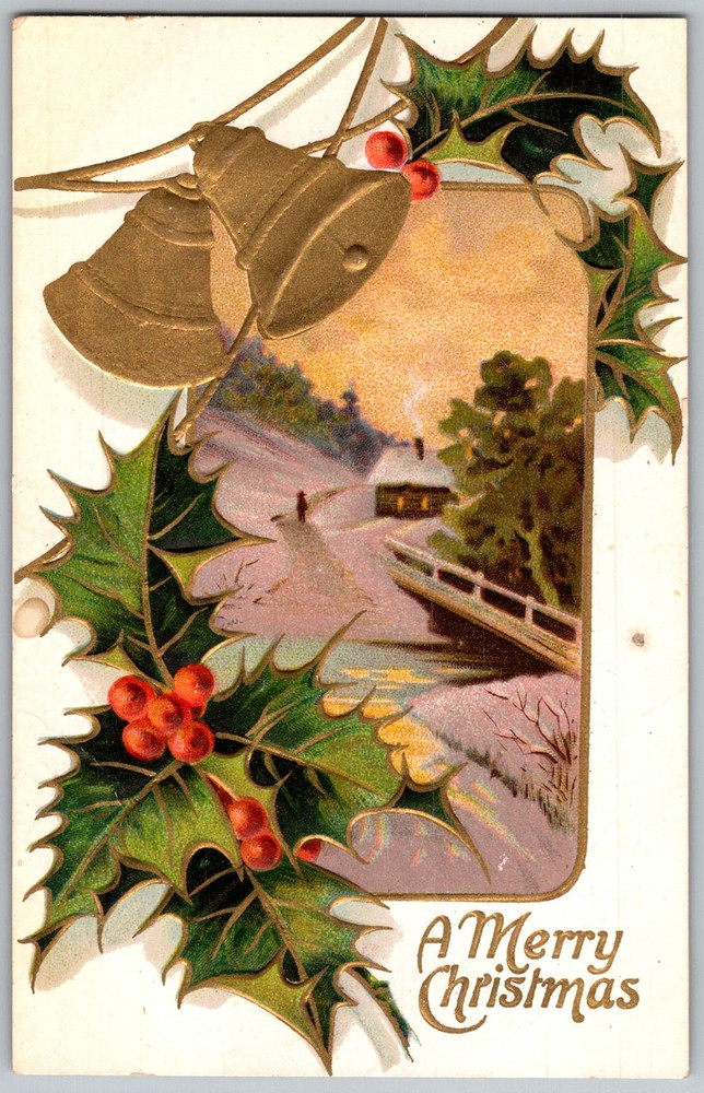 Antique Postcard Holly Bells Winter Scene 1910s
