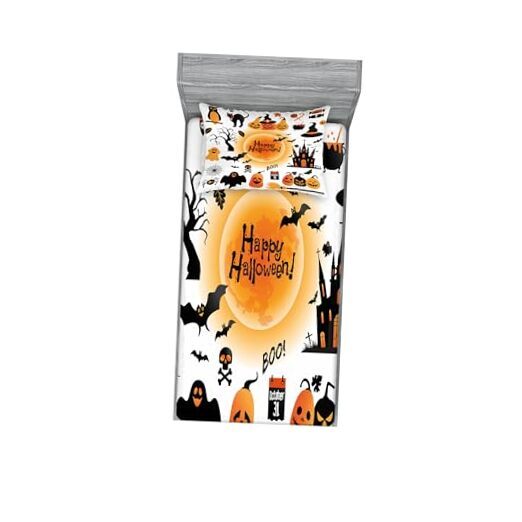 Halloween Fitted Sheet & Pillow Sham Set, All Hallows Day Objects Haunted