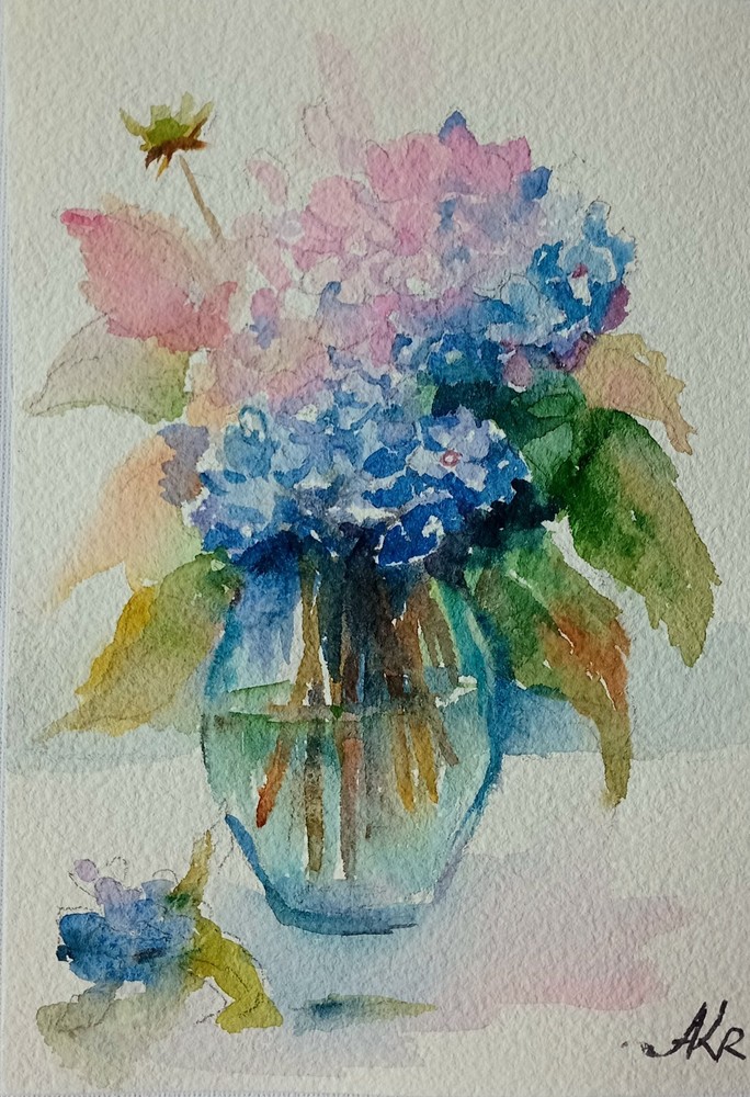 Hydrangeas Small Watercolor Painting Original Floral Art Blue Flowers 5x7 In