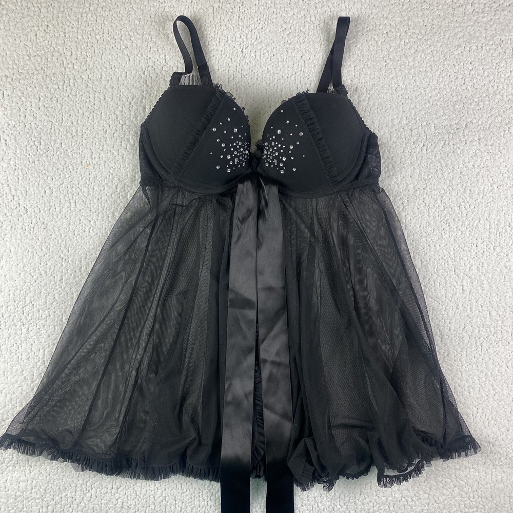 VICTORIA'S  SECRET Sexy Little Things 34D Sheer Black Open Babydoll Rhinestones