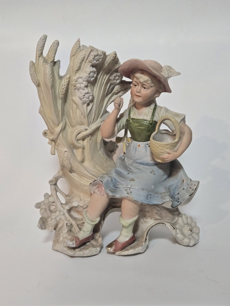 Antique German Bisque Porcelain Vase | Girl with Basket & Wheat Sheaf |...
