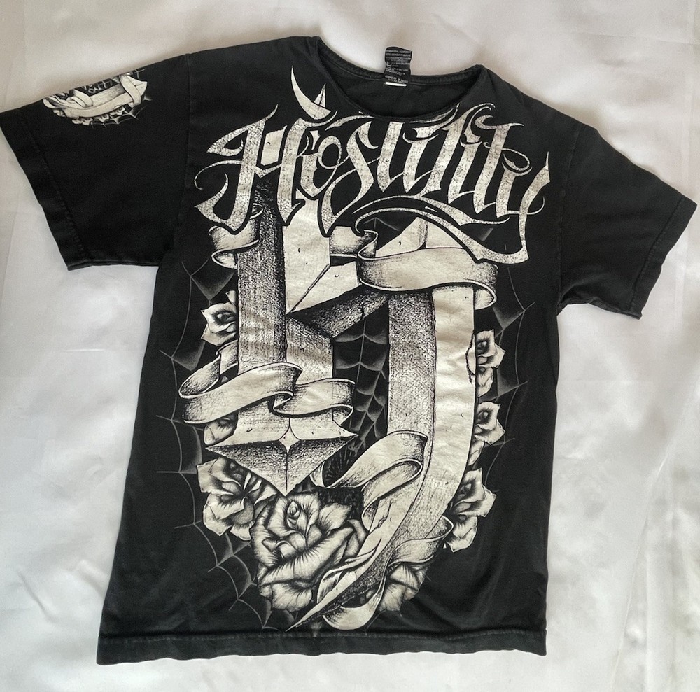 Vitage Hostility MMA Clothing Graphic T-Shirt Black Size M All Over Print