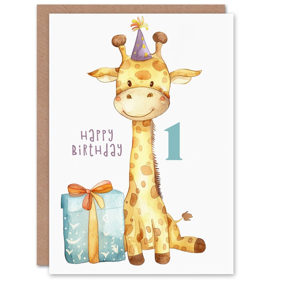 1st Birthday Card Cute Baby Giraffe in Party Hat Cartoon Age 1 Year Old Child