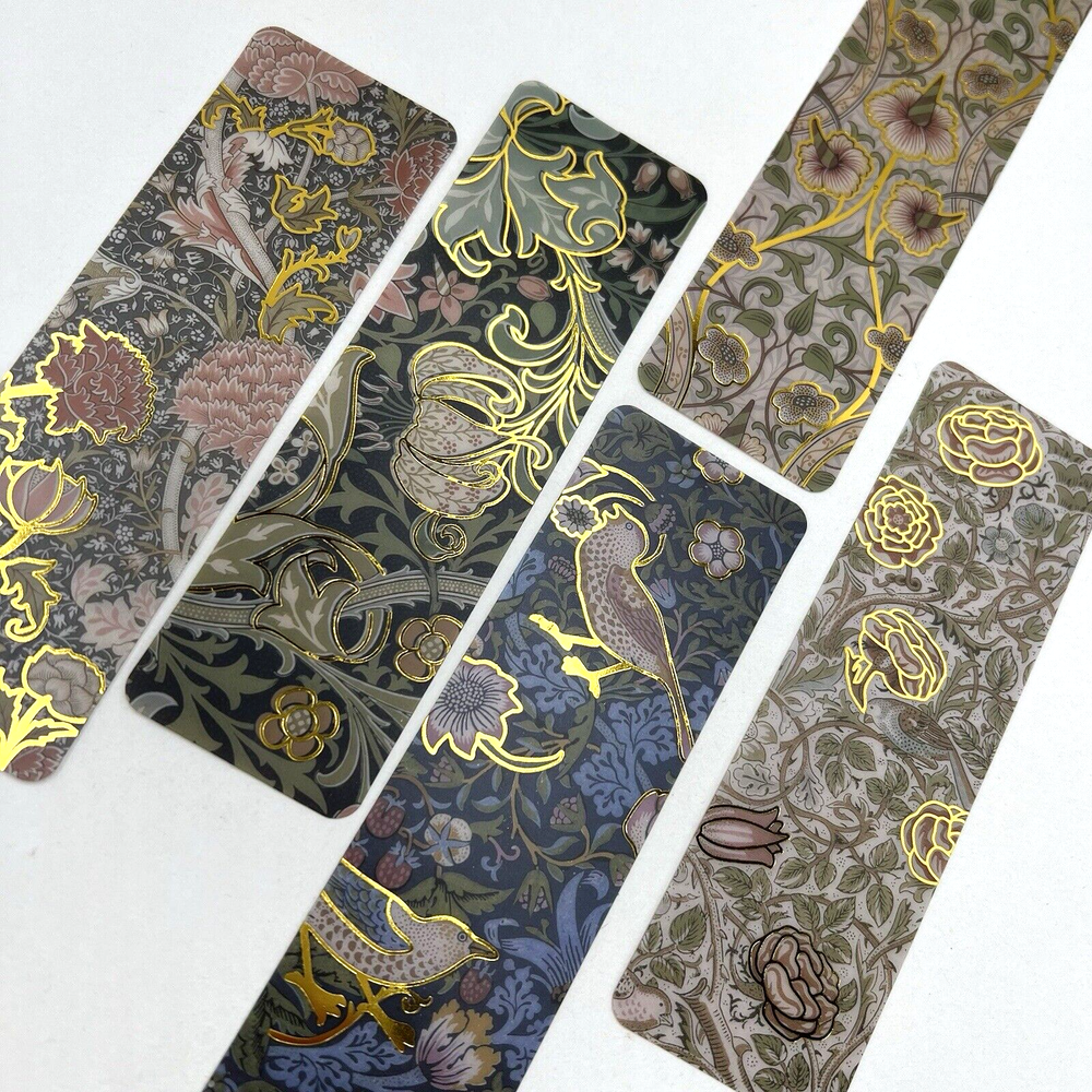 5 William Morris Bookmarks Birds & Flower Designs with Gold Accents