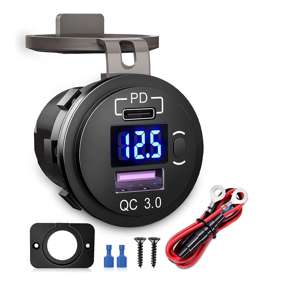 Dual USB Car Charger Adapter with Voltmeter Switch for Trucks RV Motorcycle W6M51979