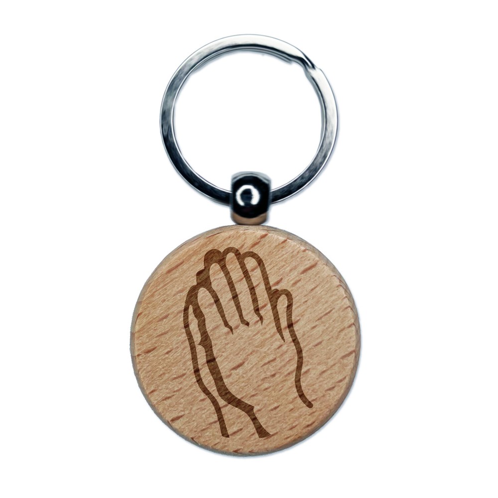 Praying Hands Engraved Wood Round Keychain Tag Charm