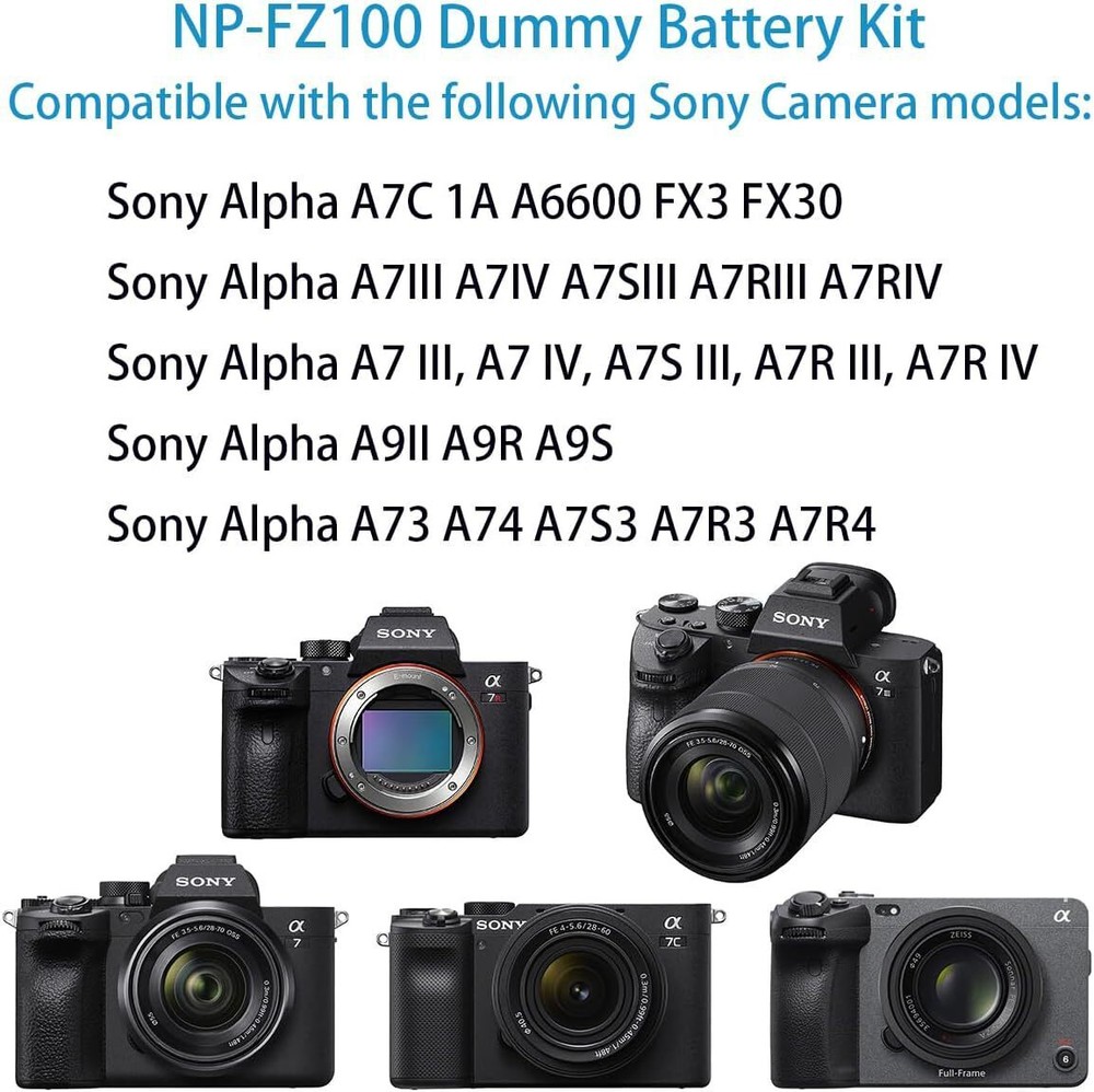 NP-FZ100 Dummy Battery AC Power Adapter Kit for Sony Alpha A7III A7IV A7C A7SIII