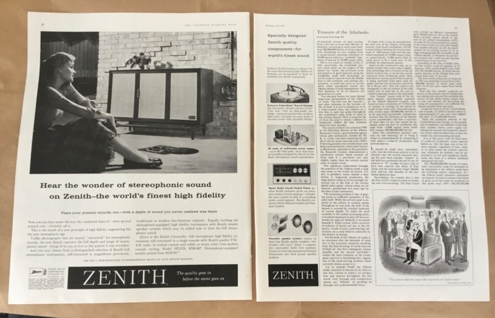 Zenith hifi turntable vintage print ad 1959 1950s illus art retro home stereo