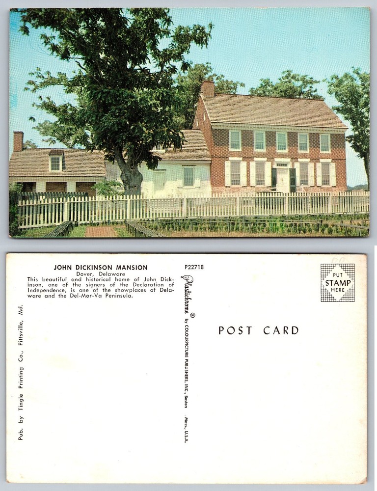 John Dickinson Mansion Dover, Delaware Vintage Plastichrome Postcard