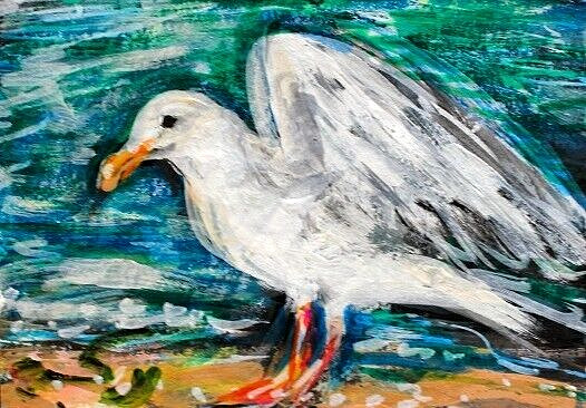 ORIGINAL ACEO Painting SEAGULL Beach Waves OCEAN BIRD Summer Shore Sea ATC ART