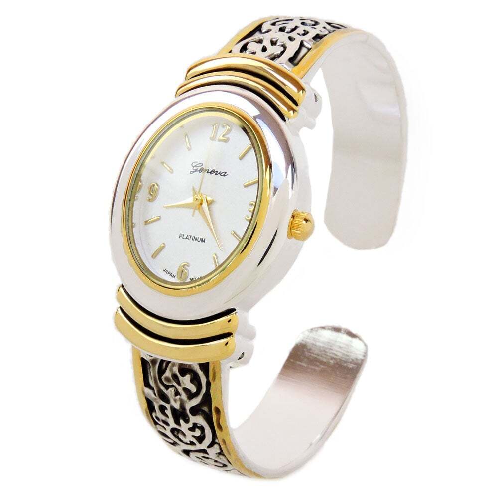 2Tone Western Style Decorated Oval Face Womens Bangle Cuff Watch