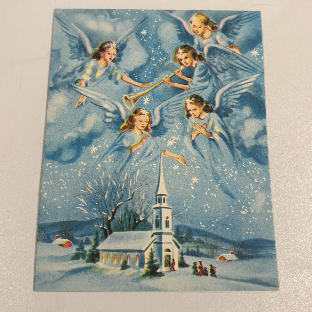 Vintage 1950s Christmas Card Angels Church Snow Religious Art 1 John 3:1 MCM