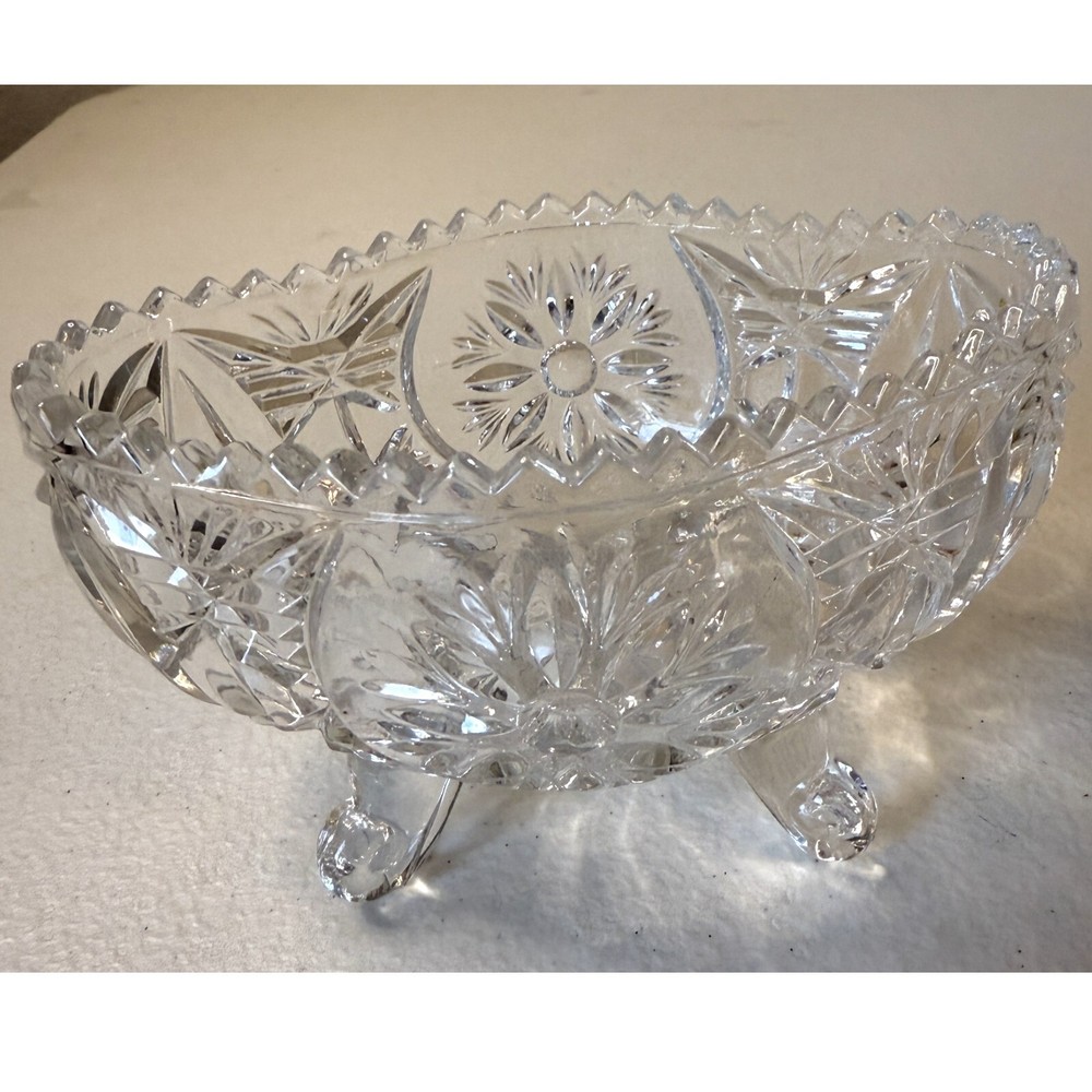 Elegant Heavy Cut Crystal Oval Footed Candy Dish 5.25x3.5 Inches