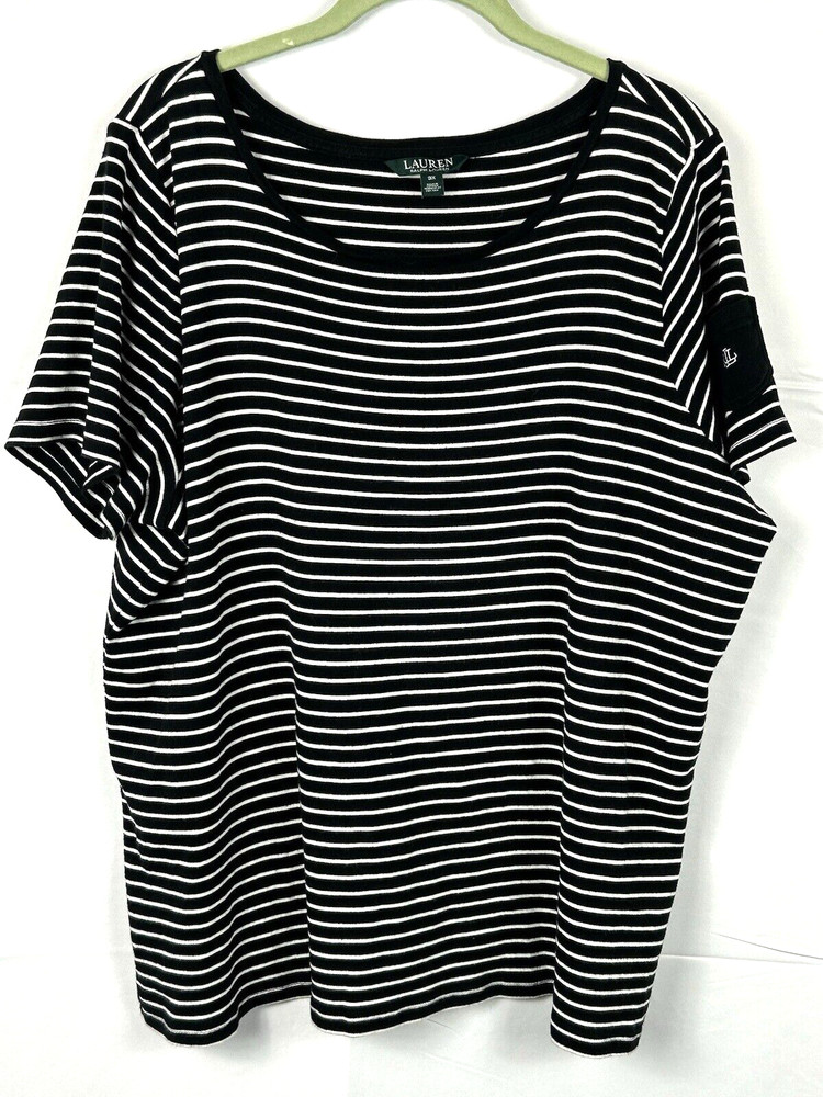 Ralph Lauren LRL Top Womens Sz 3X Black White Stripe Short Sleeve Knit Cotton