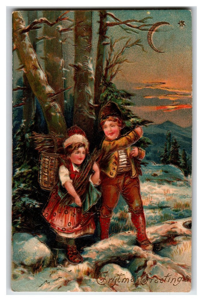 Vintage Embossed Christmas Postcard Children Carrying Firewood Moon