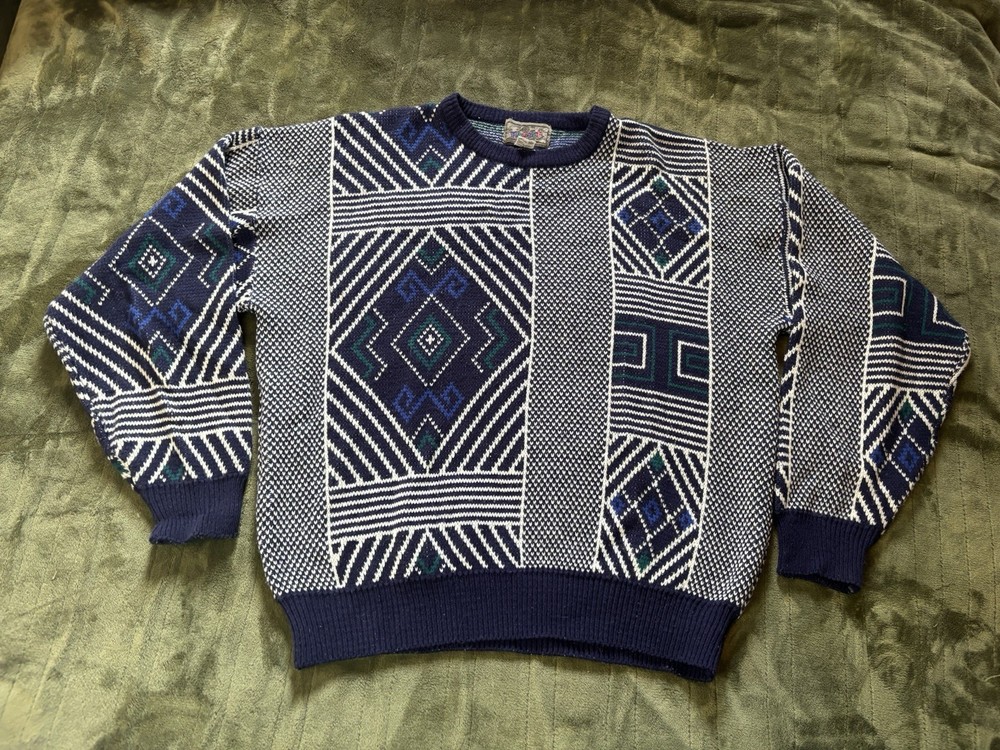 Vintage 80s Sweater Mens Large Blue White Magnet Geometric Pullover Acrylic Knit