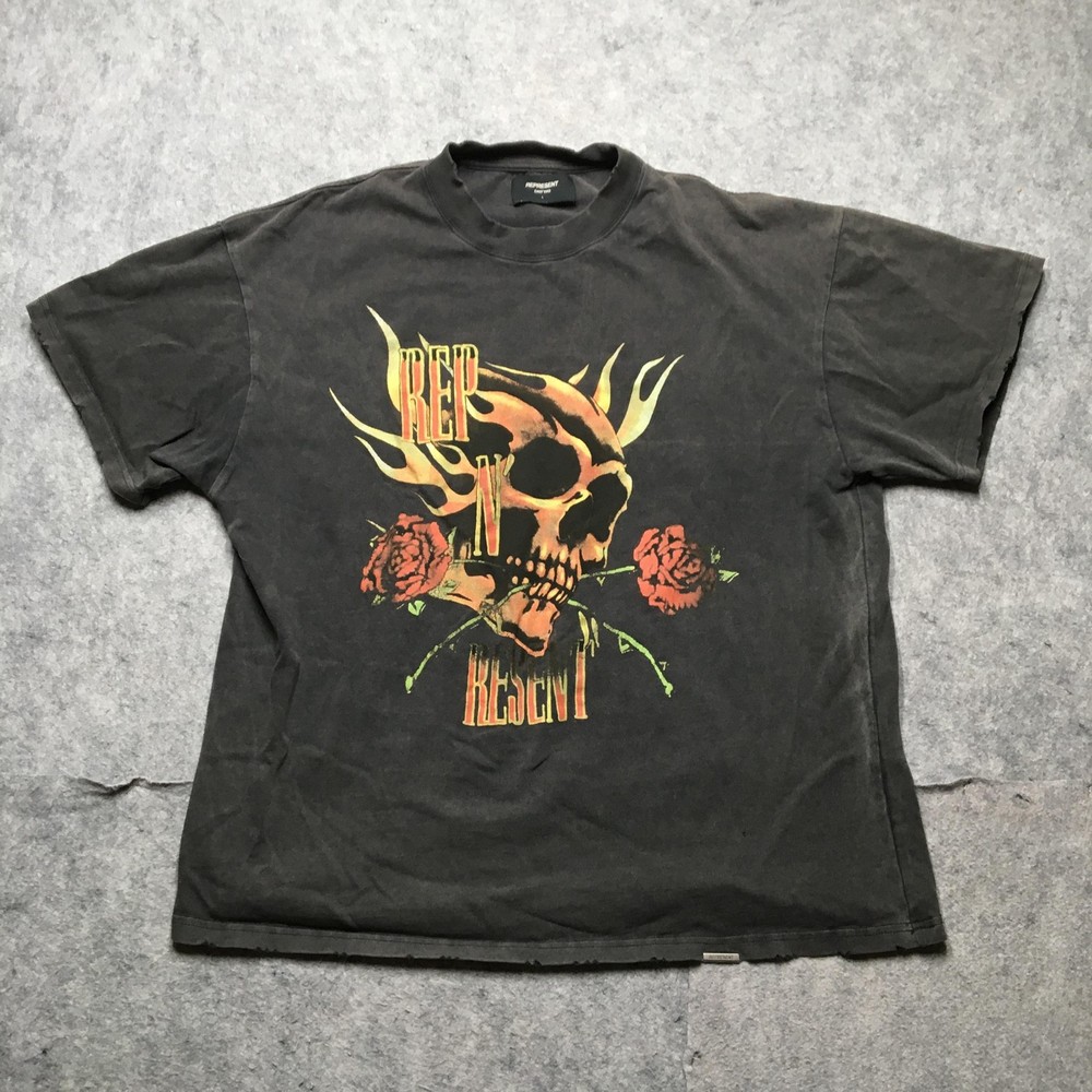 Represent Shirt Mens Large Black Rep N Resent UK Tour 1987 Skull Rose Graphic