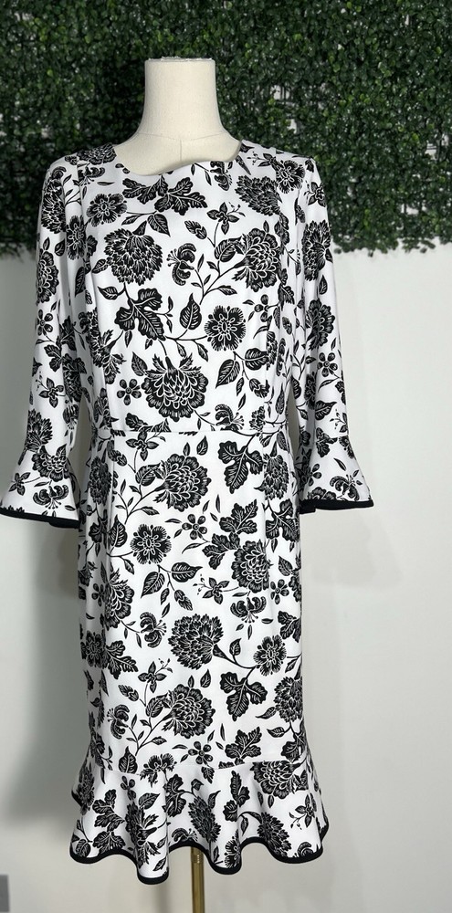 Nanette Lepore White Black Floral 3/4 Bell Sleeve Midi Dress Size 10