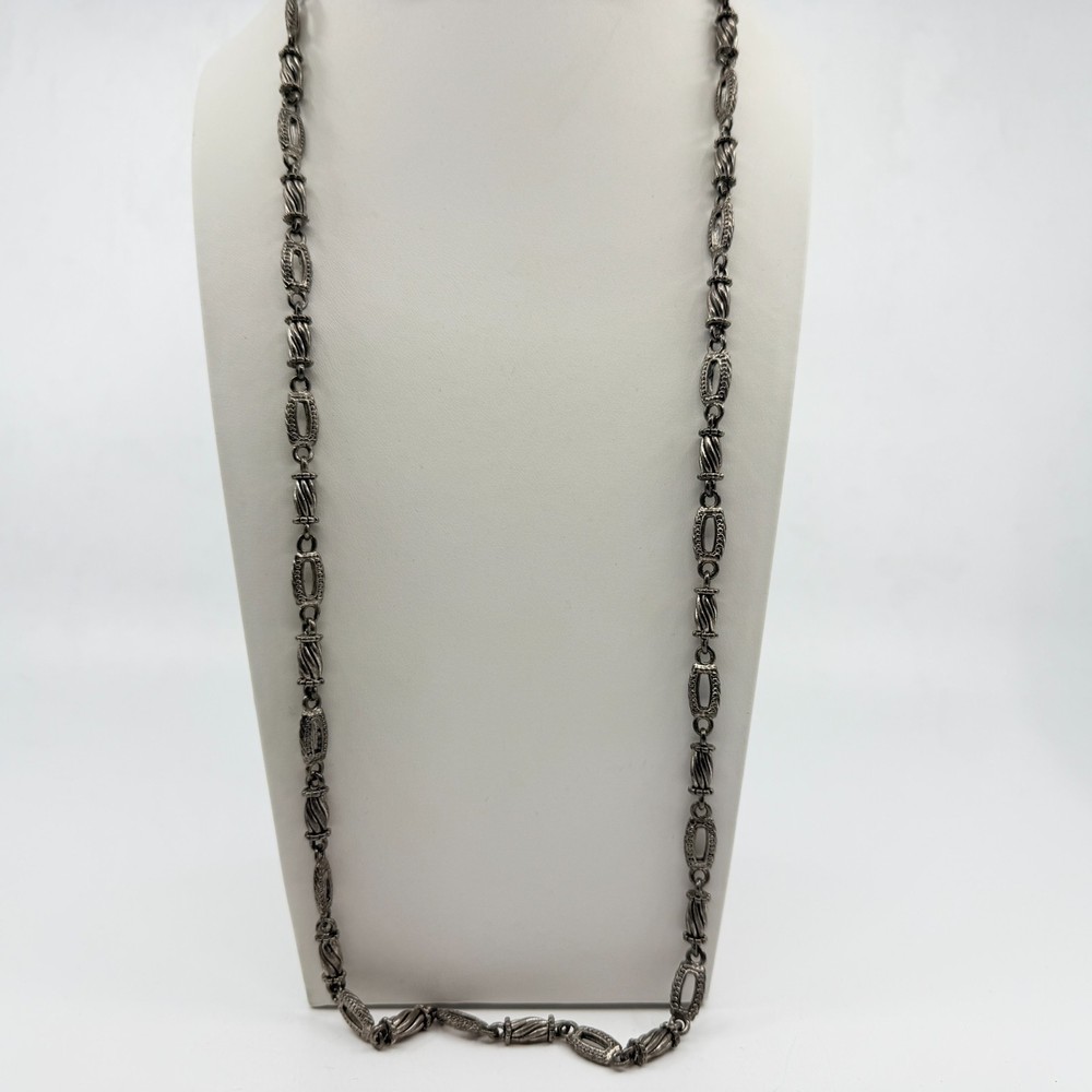 Vintage Silver Tone Textured Mixed Link Chain Toggle Clasp Necklace Boho Y2K 90s