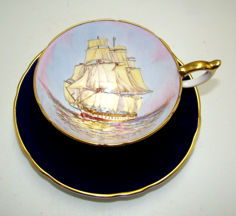 Aynsley Clipper Ship on Cobalt Blue Cup & Saucer
