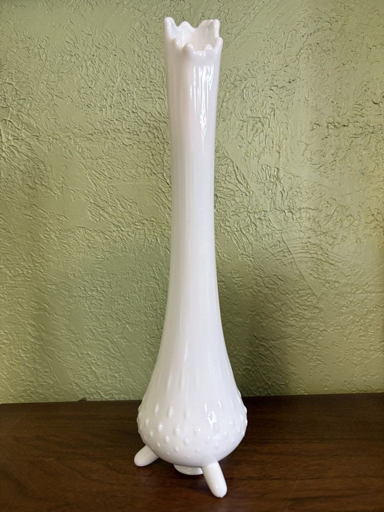 L.E. Smith White Milk Glass Hobnail Three Toe Swung Vase