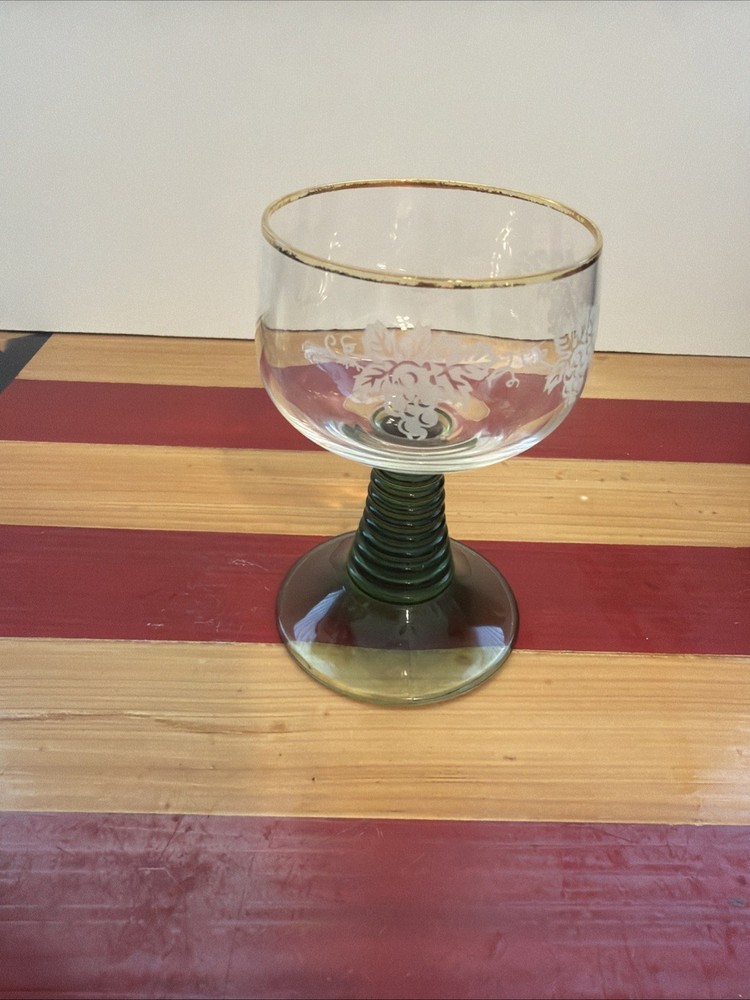 Bohemian Green Glass Goblet Etched Crystal Vintage Grapes Gold Gilt Ribbed Stem