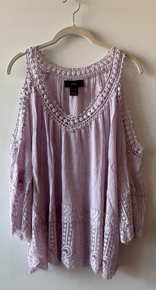Crochet Peasant Top Light Purple Flowy Cold Shoulder Women’s Size L Boho Lace