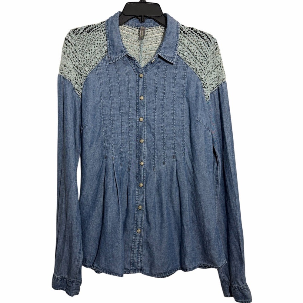 Free People Lace Embroidered Denim Pearl Snap Tencel Linen Button Down Shirt 10