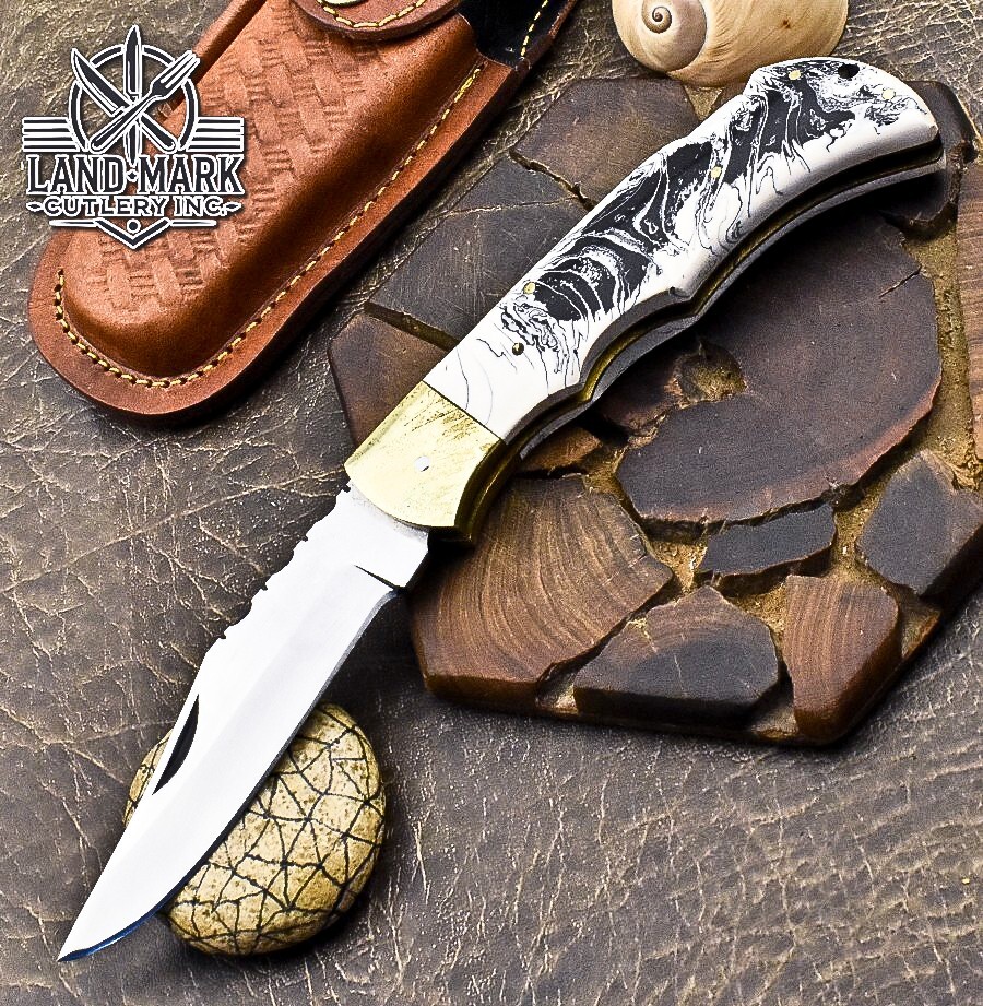 CUSTOM HANDMADE D2 STEEL HUNTING BACK LOCK FOLDING KNIFE WITH RESIN HANDLE