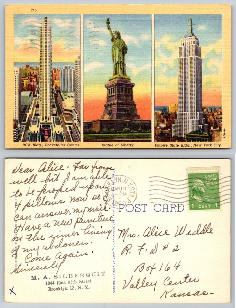 1950 NYC Postcard RCA Bldg Statue of Liberty Empire State Curteich Linen