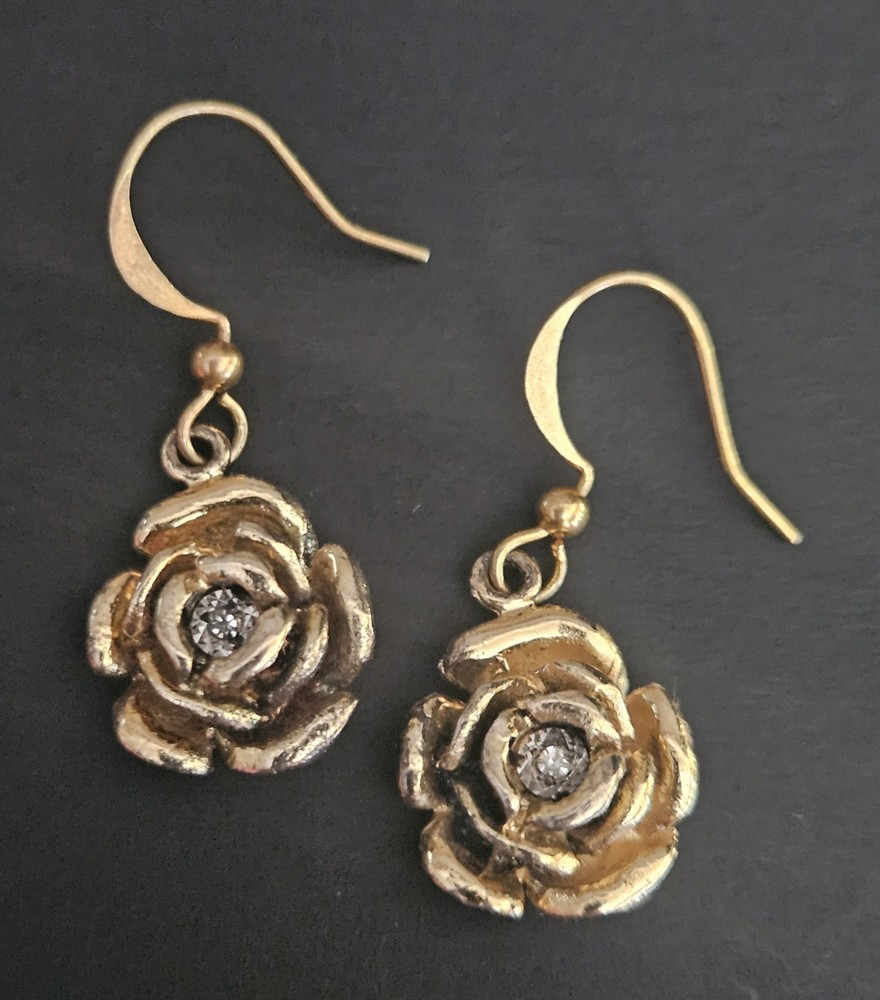 Avon Sterling Silver Vermeil Rose Dangle Earrings With CZ Accents Vintage 90's