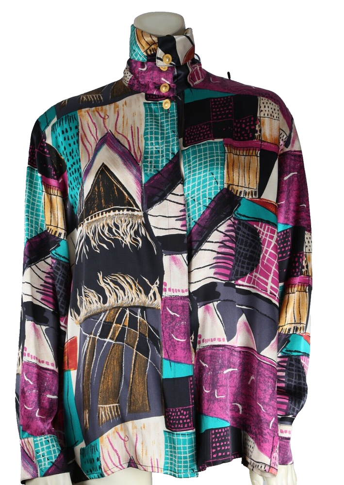 Vintage Louis Feraud Silk Graphic Artist Abstract Rare Colorful Blouse Size 14-image