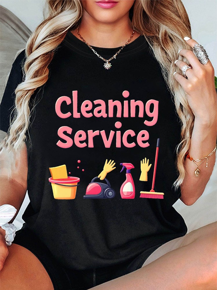 Women Cleaning Service Graphic T-Shirt Housekeeping Tools Print Casual Tee