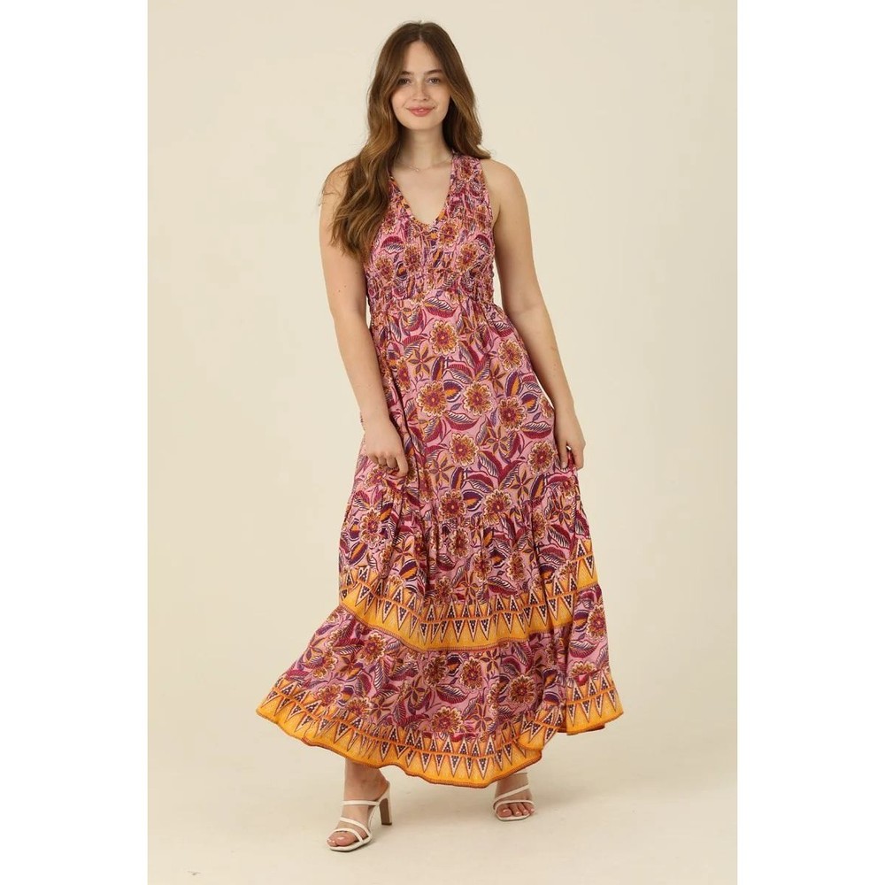 Angie Smocked Maxi Dress Womens M Pink V-Neck Boho Bohemian Hippie Cottage Flowy