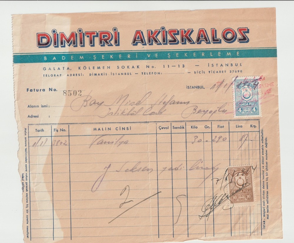1954 Istanbul Greek Rum Delight Invoice Dimitri Akiskalos Confectionery, Galata