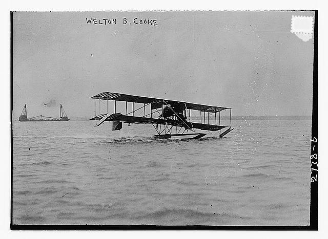 Photo:Weldon B. Cooke 1913 Seaplane Flying Over Water Aviator Aircraft