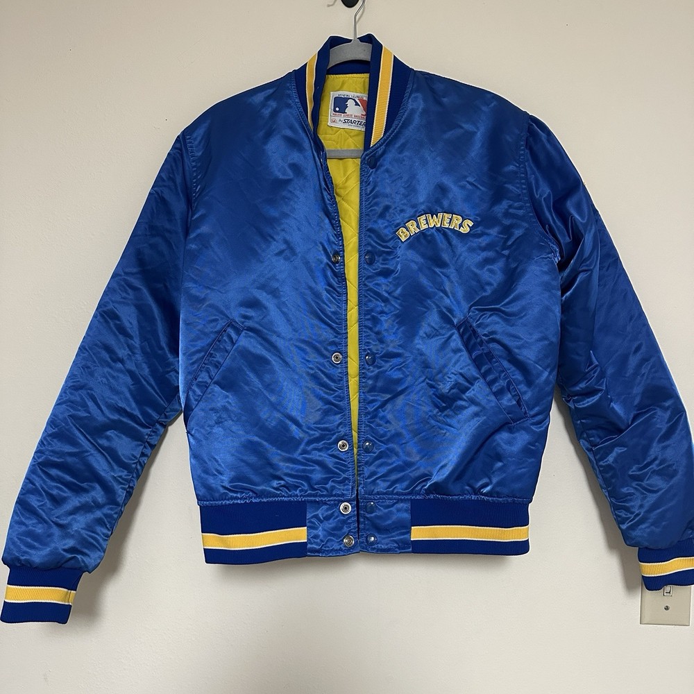 Vintage Milwaukee Brewers Starter Satin Baseball Jacket Medium Blue Snap Buttons
