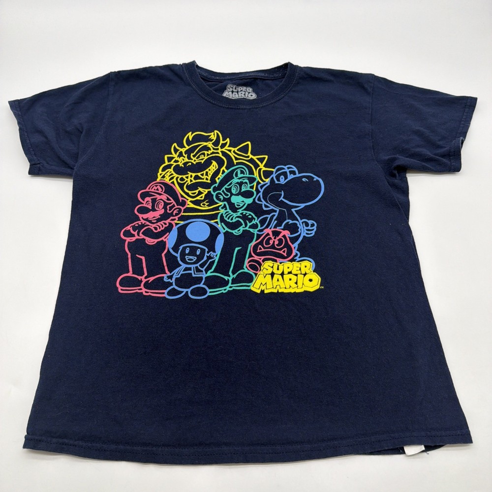 Super Mario T-shirt Youth Boys L Blue Graphic Print Logo 100% Cotton.#45396