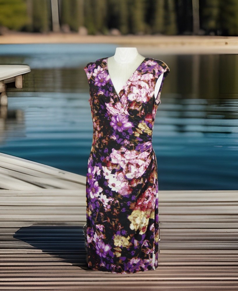 Lauren Ralph Lauren Floral Faux Wrap Dress Purple Ruched Temple Garden Size 10