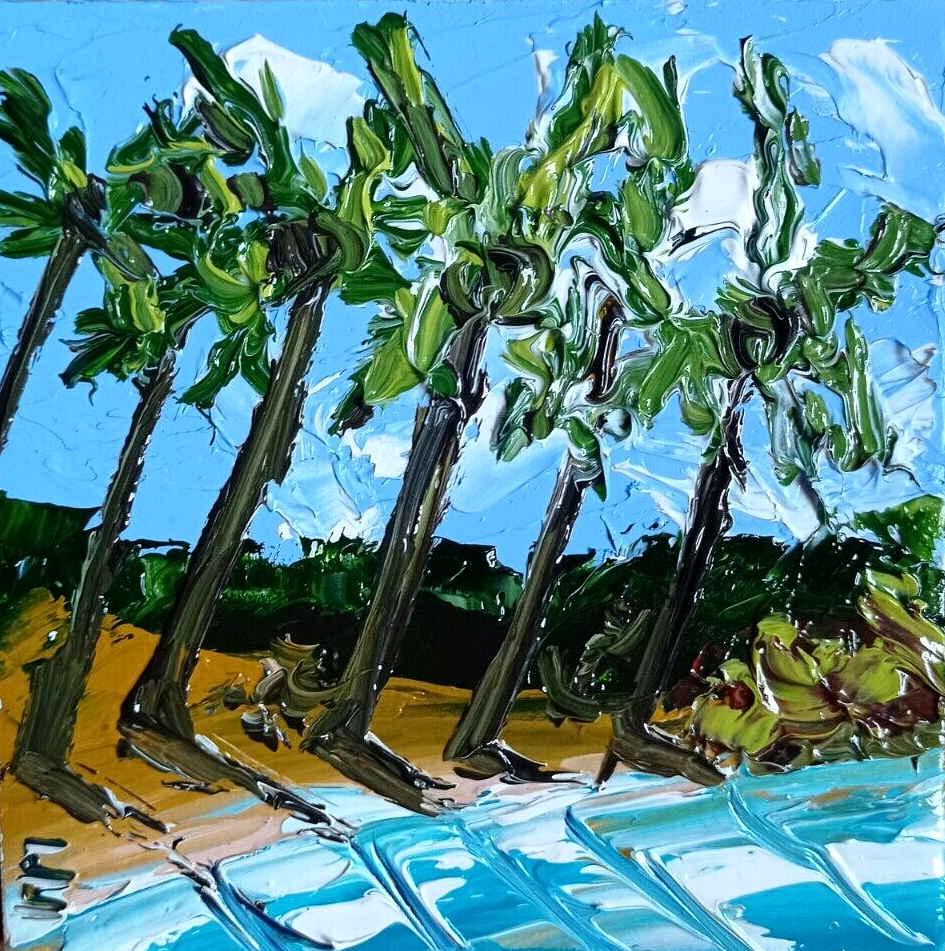 Seascape Palm trees Painting Original Art Ocean Sky Artwork Oil Painting 4 by 4