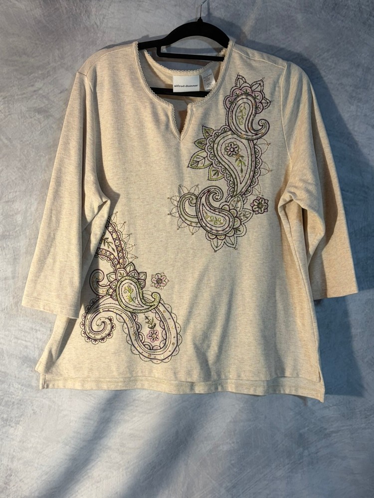 Alfred Dunner Women's Embellished Paisley Knit Top 3/4 Sleeve Beige Size Large