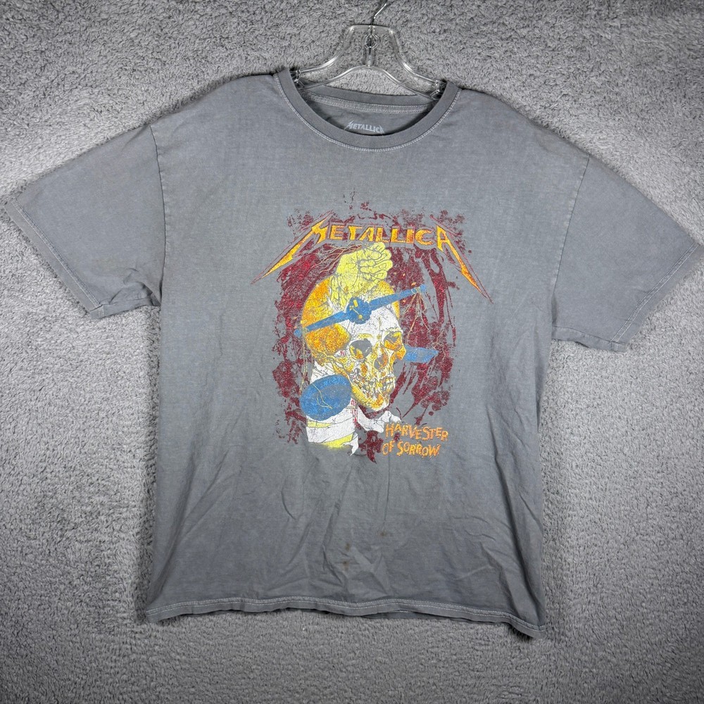 Metallica Harvester of Sorrow Graphic T-Shirt Mens Large Grey Band Tee Skull