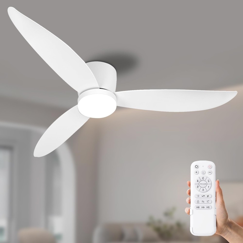 White 52 inch Ceiling Fan with Light and Remote Control, Low Profile Flush Mo...