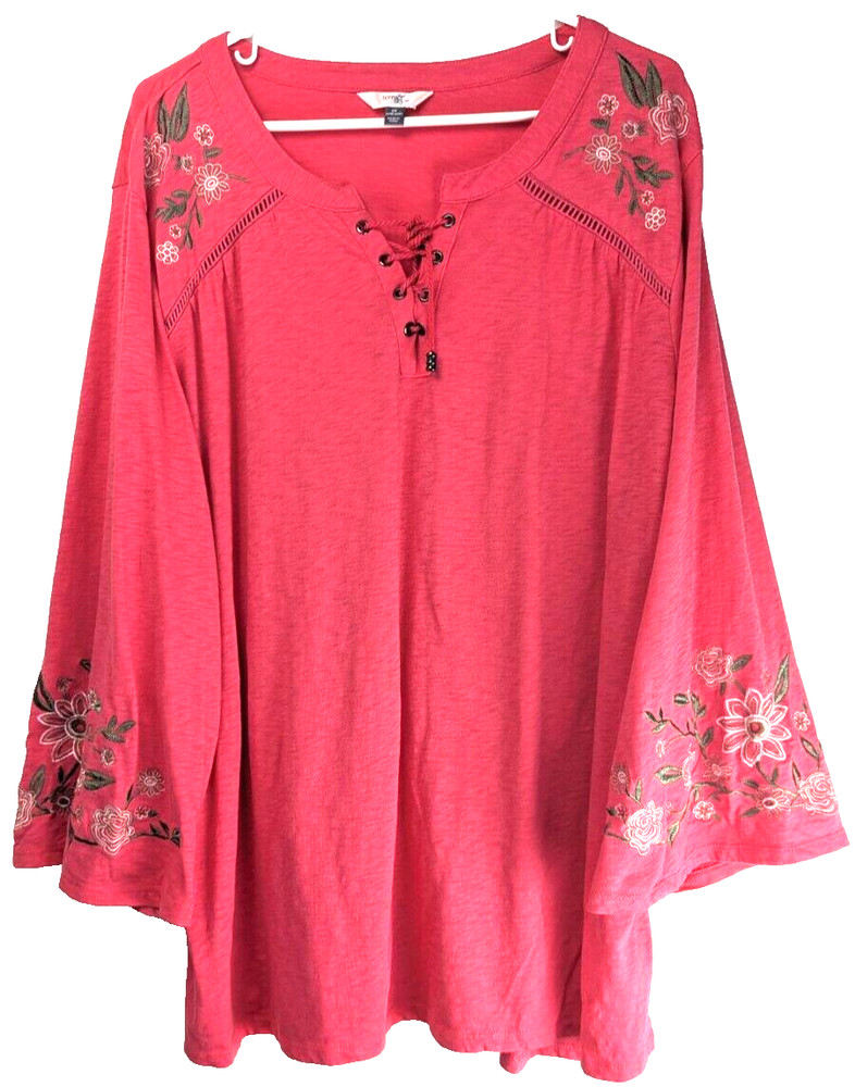 Terra Sky Womens 2X Embroidered Top Flare Sleeve Floral  Coral Pink Bohemian