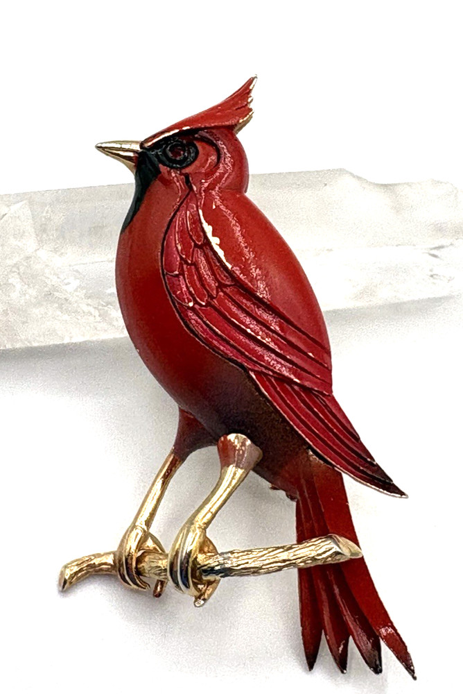 vintage Weiss Red Enamel Cardinal Brooch, Pin, Gold Tone 2 1/2