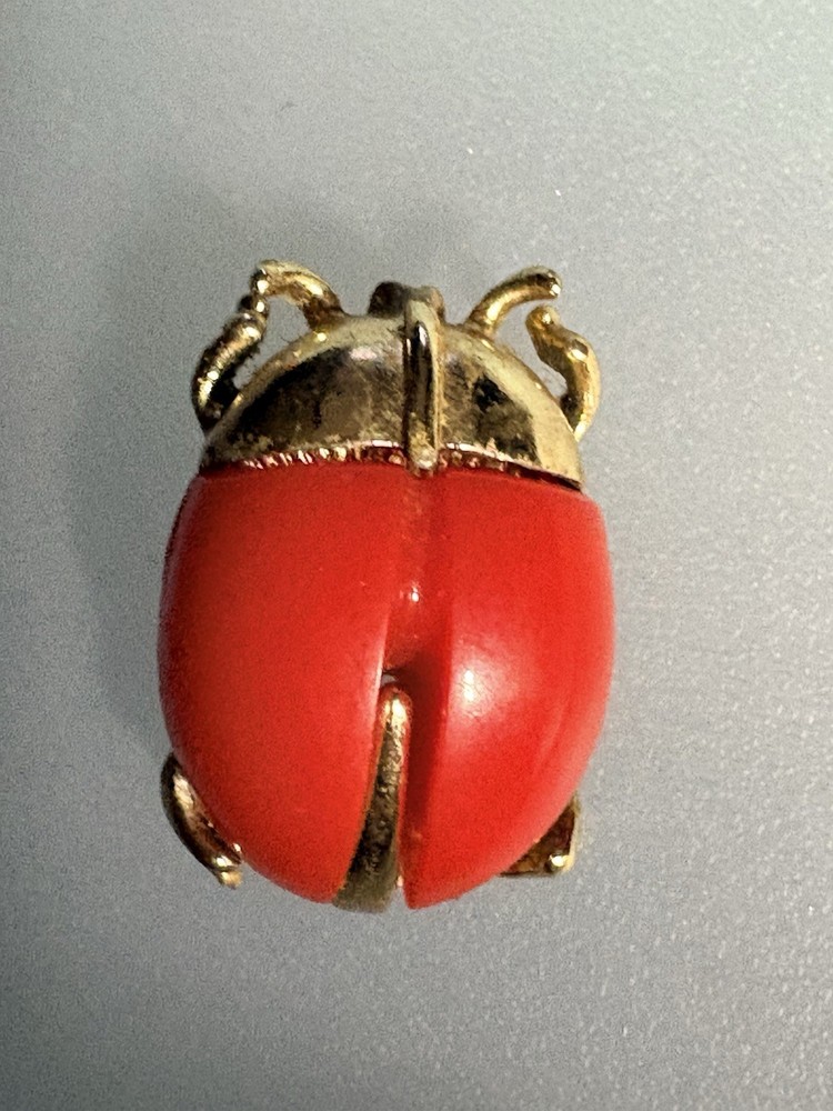 Vintage Sarah Coventry Red Celluloid Beetle,Lady Bug or Scarab Pin Gold Toned