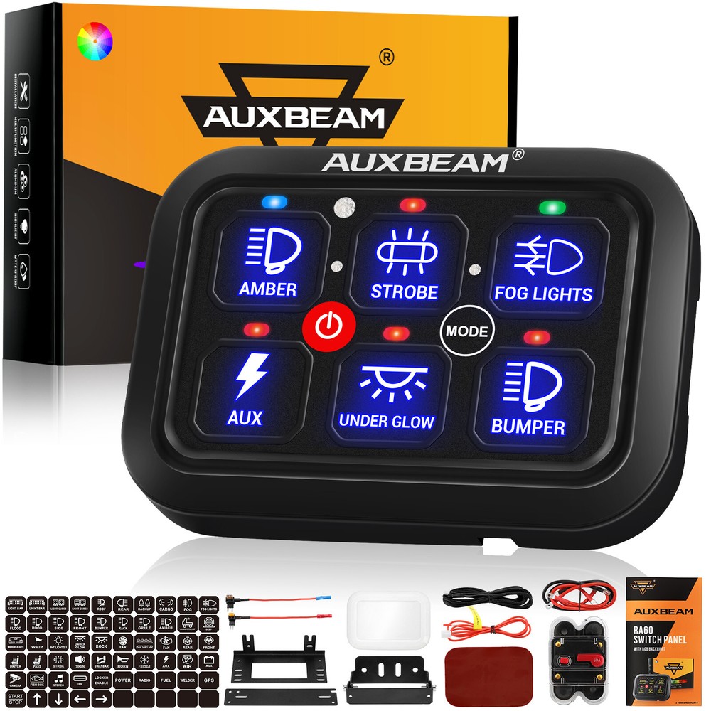 AUXBEAM RGB RA60 6 Gang Switch Panel Toggle Momentary Pulsed On Off Control Kit
