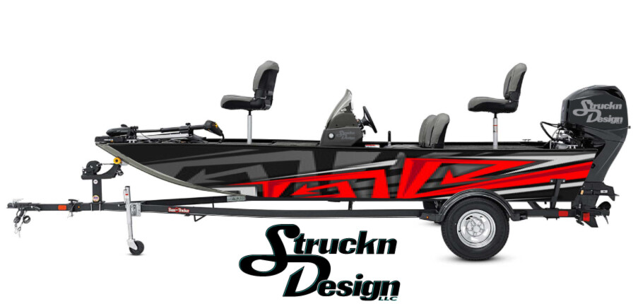 Boat Wrap Red Gray Black Vinyl Graphic Decal Kit Fishing Abstract Tech Lines-image
